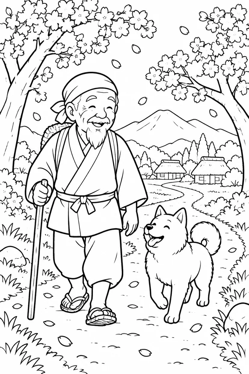 はなさかおじさん：白い犬と春の里道（ほっこり）の塗り絵