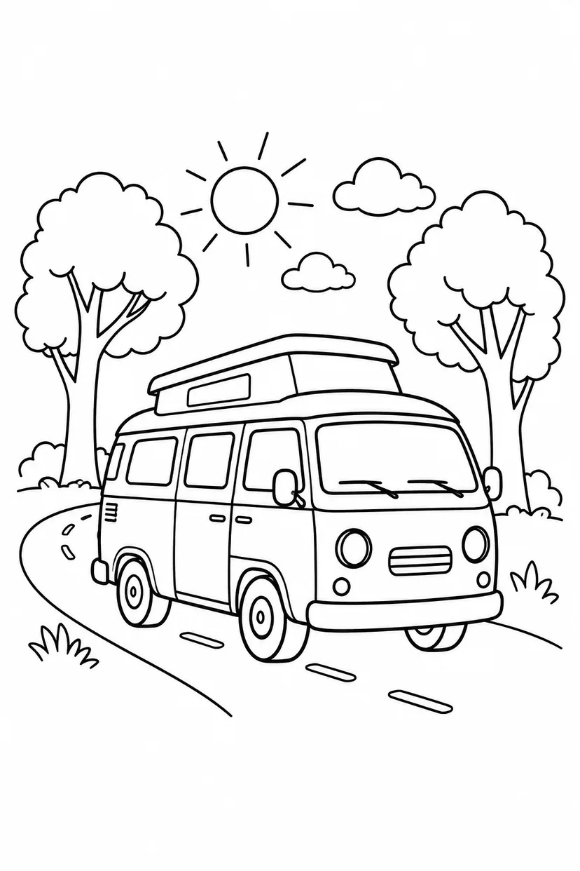 キャンピングカーと森の道の塗り絵