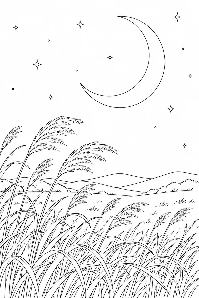 ススキの草原と三日月の塗り絵