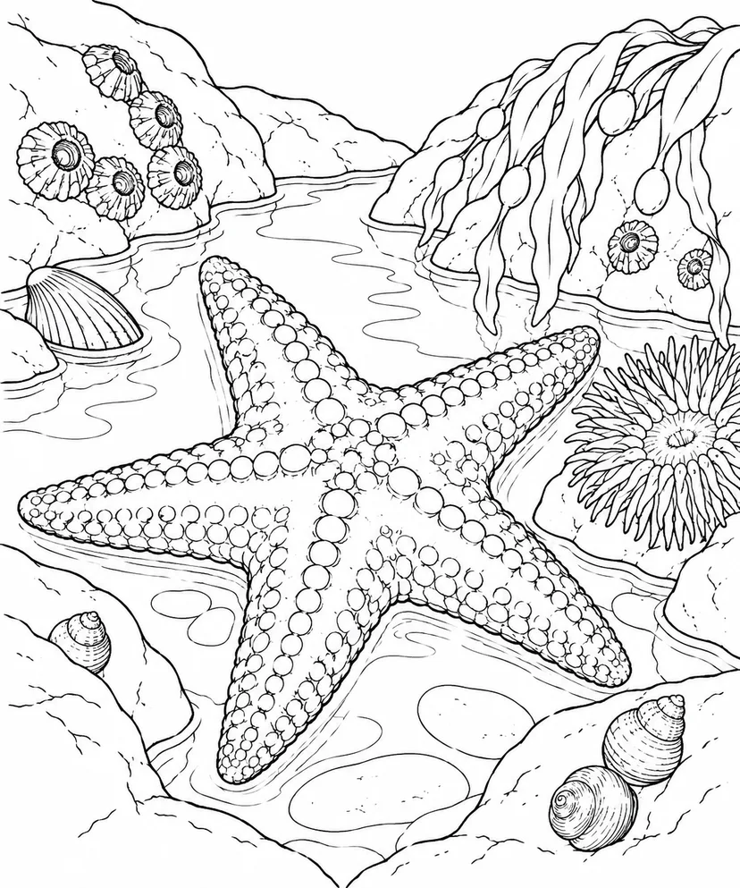 観察スケッチ：ヒトデと潮だまりの塗り絵