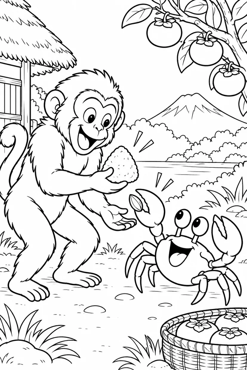 さるかに合戦 ギャグ：おにぎりと柿の種の交換の塗り絵