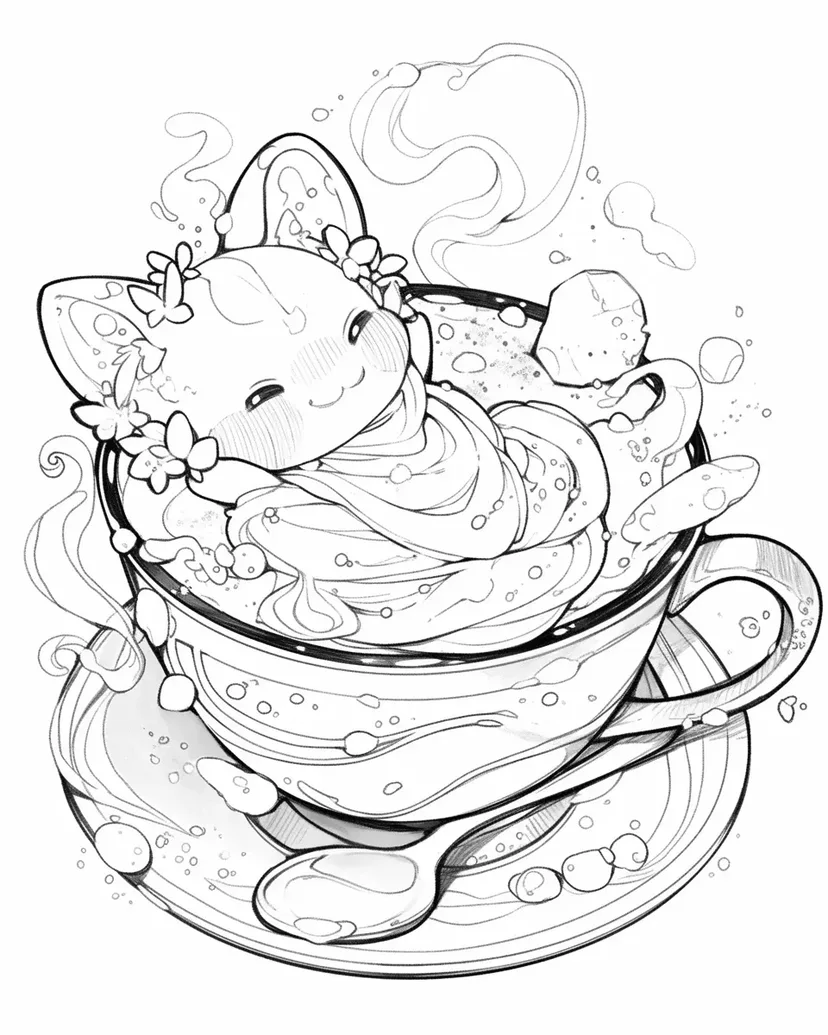 Desenho de Gato em um Latte Fofo para colorir