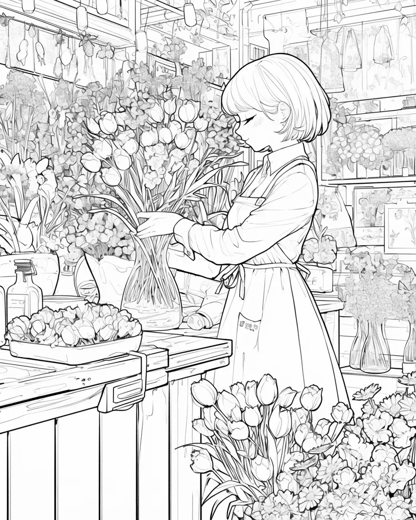 花屋で働く少女の塗り絵