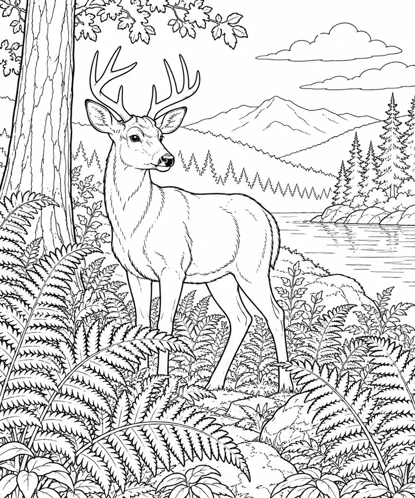 自然のひとこま：シカとシダの茂みの塗り絵