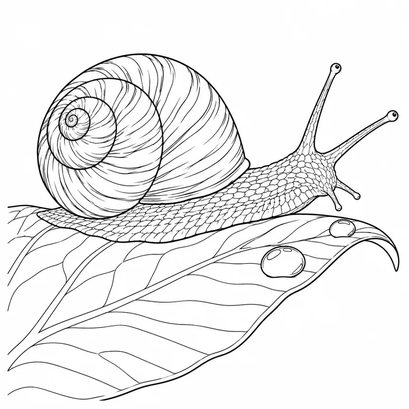 大きな葉を進むカタツムリの塗り絵