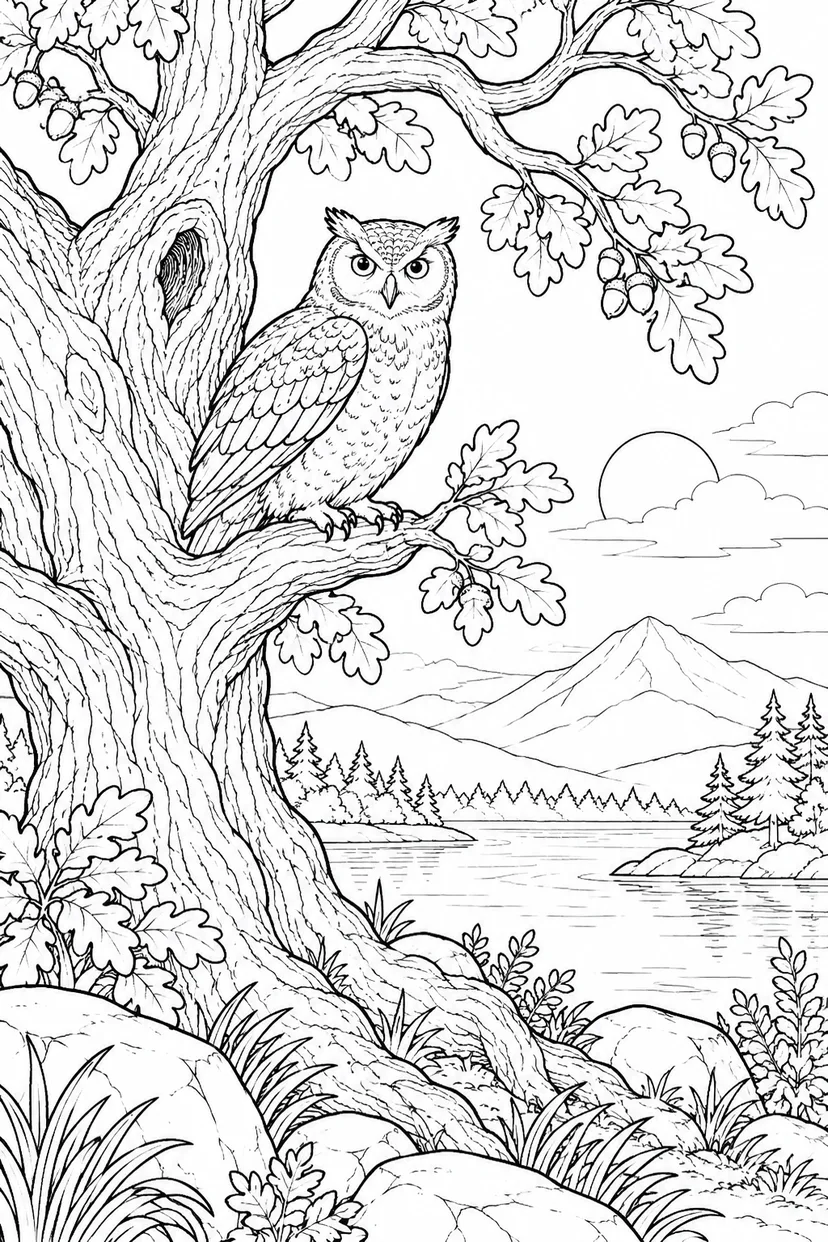 自然のひとこま：フクロウと古いオークの塗り絵