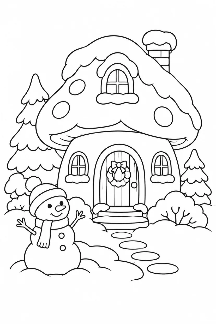 きのこのおうちの雪の日の塗り絵