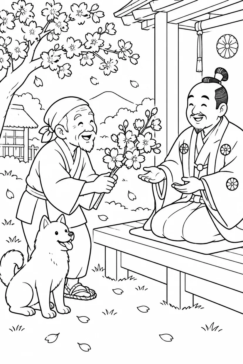 はなさかおじさん：殿さまに贈る桜の枝（ほっこり）の塗り絵