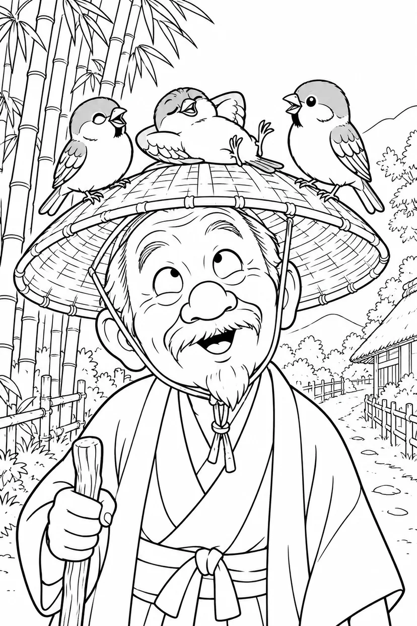 したきりすずめ：おじいさんの笠が特等席の塗り絵