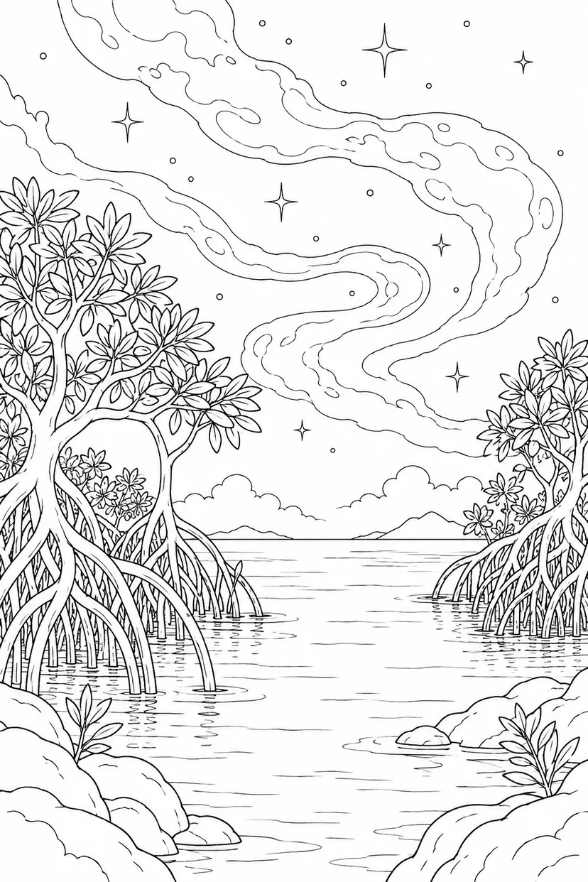 マングローブの入り江と星雲のゆらめきの塗り絵