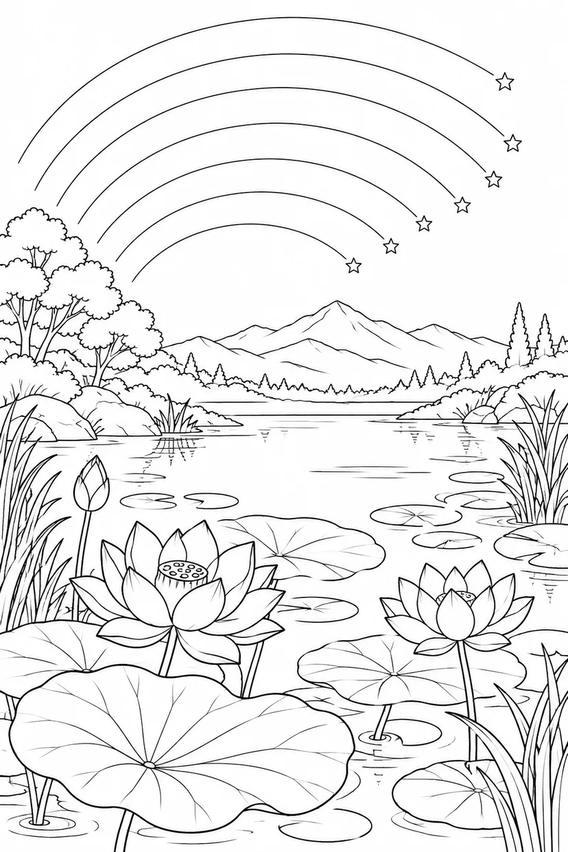 蓮の葉の池と星の軌跡の塗り絵