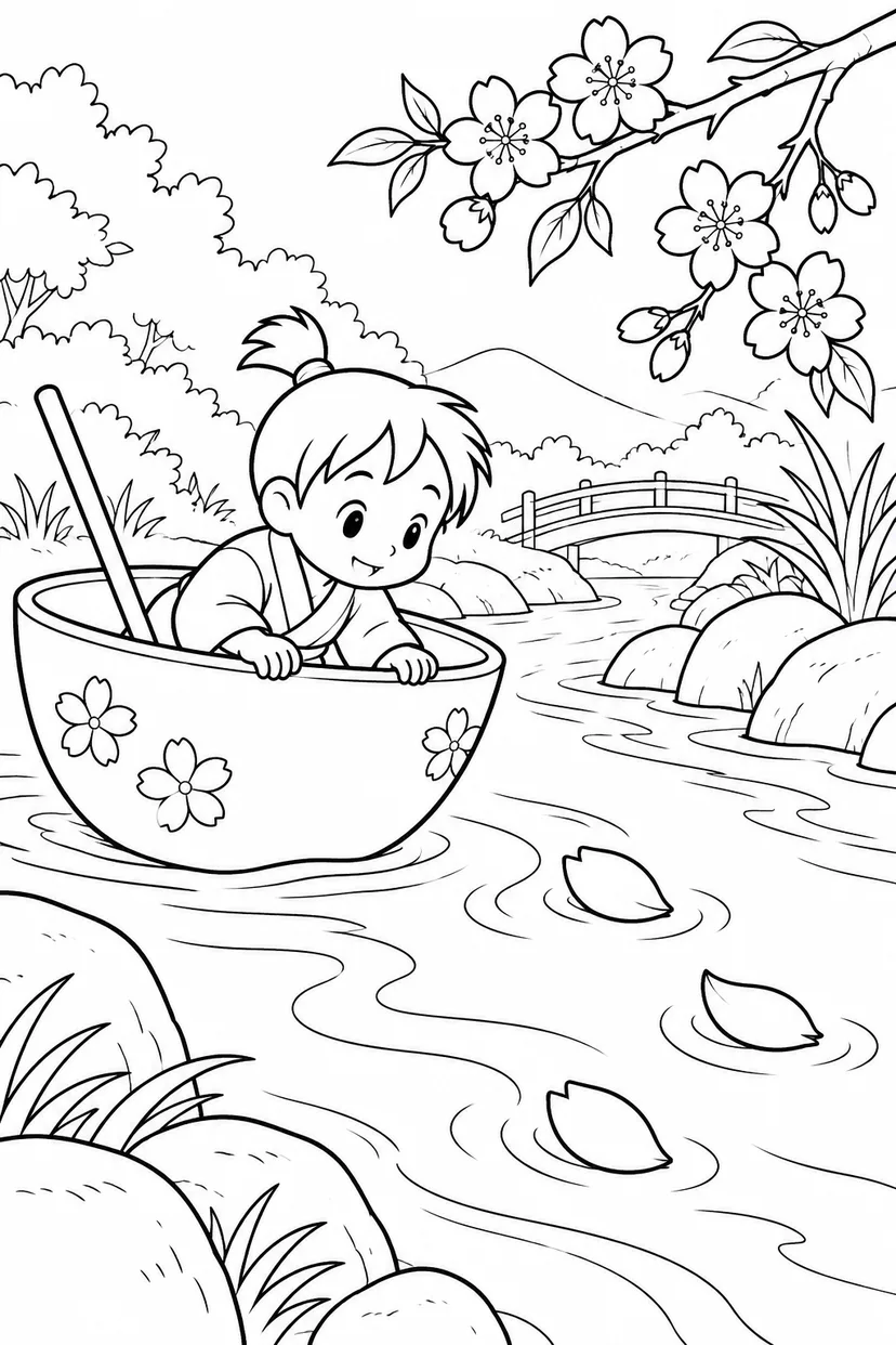 一寸法師・花びらの舟を見送る日の塗り絵