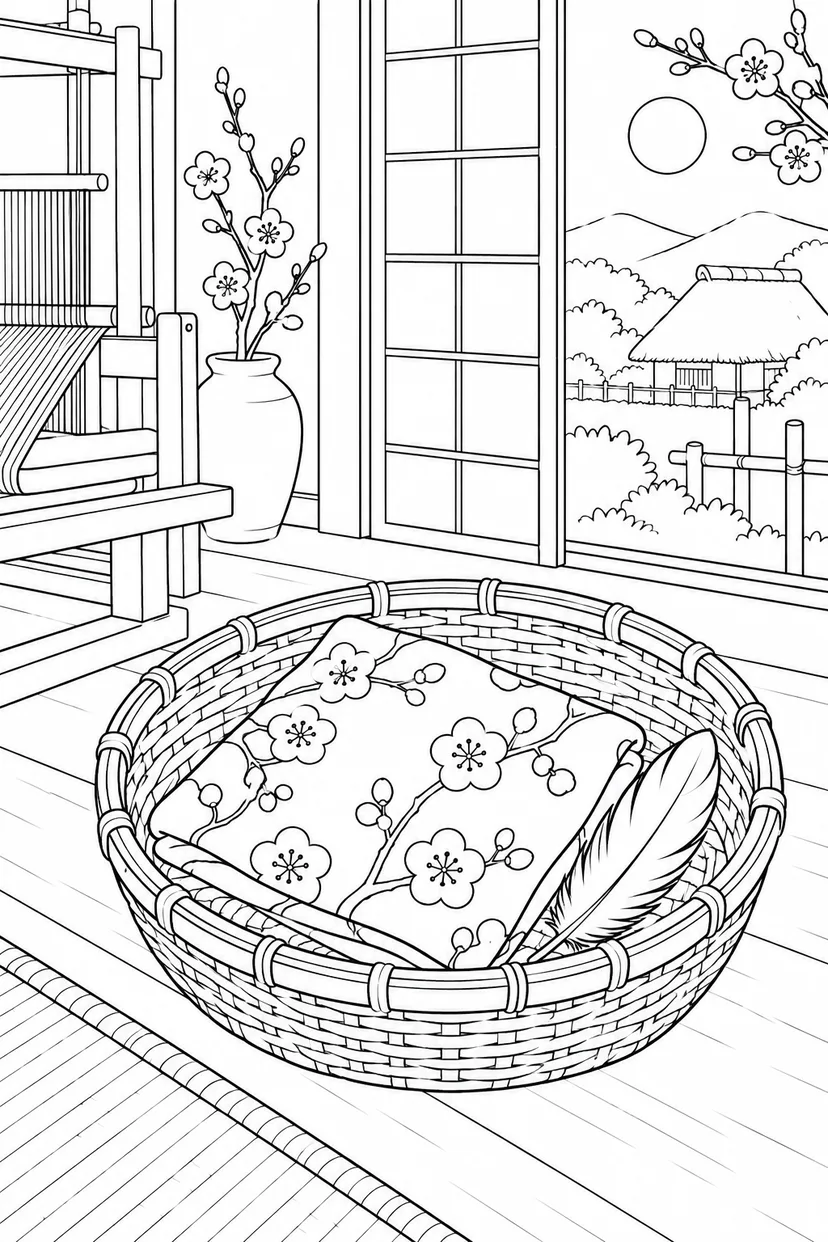 つるの恩返し：朝のかごに布と羽の塗り絵