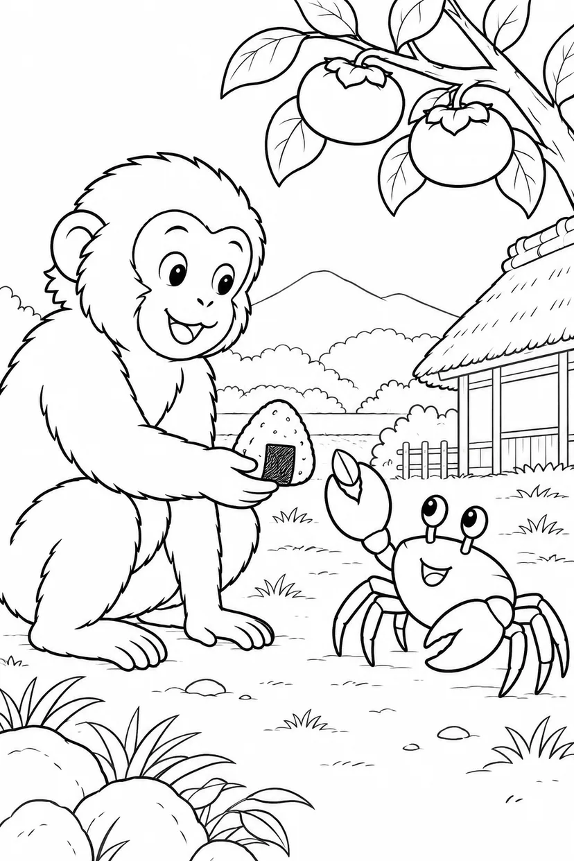 さるかに合戦 ほっこり：おにぎりと柿の種の交換の塗り絵