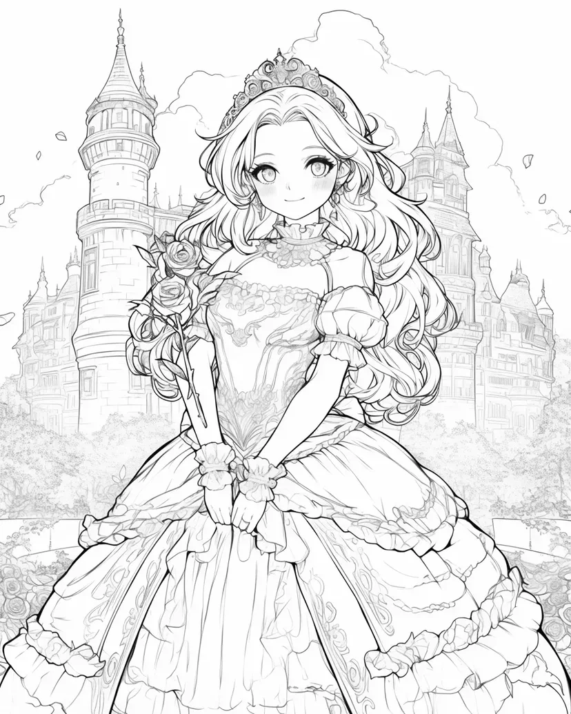 お城の前のプリンセスの塗り絵