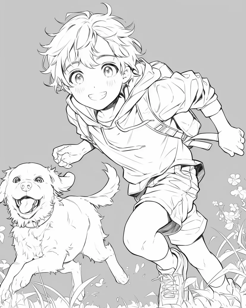 Dibujo de Niño Alegre y Perro en Persecución para colorear
