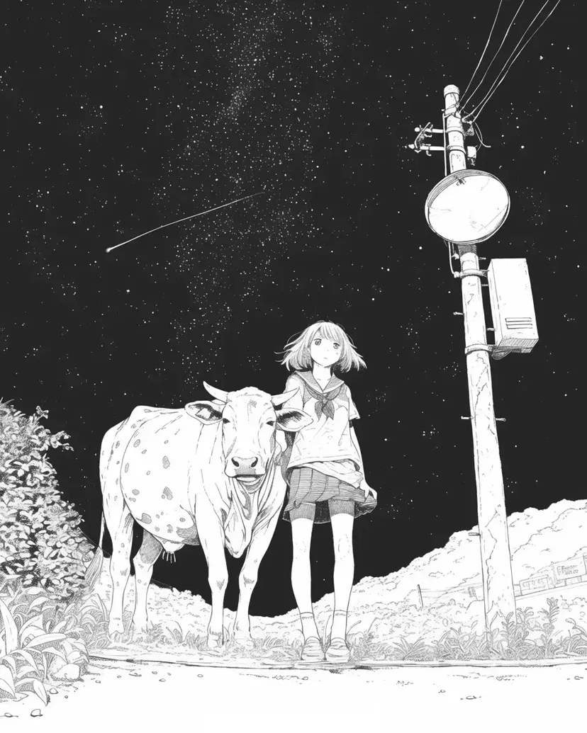 星空の下の少女と牛の塗り絵