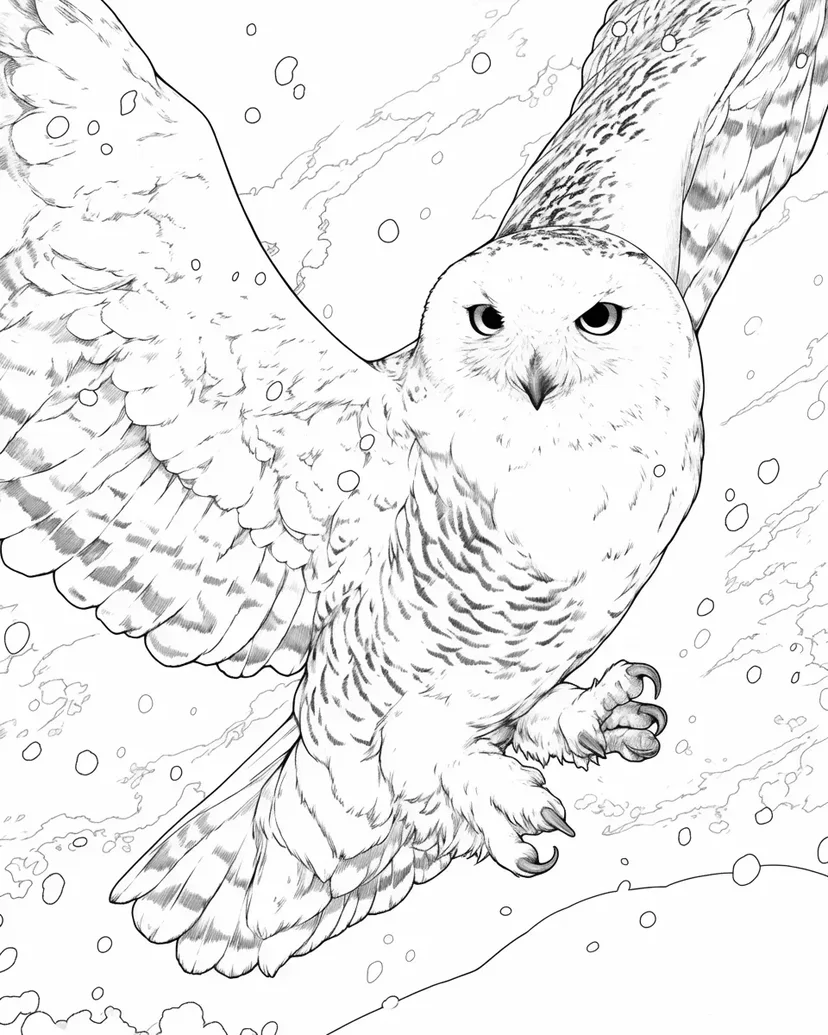 冬空を舞う雪のフクロウの塗り絵
