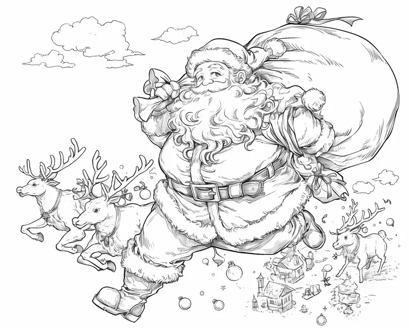 サンタクロースの空の旅の塗り絵