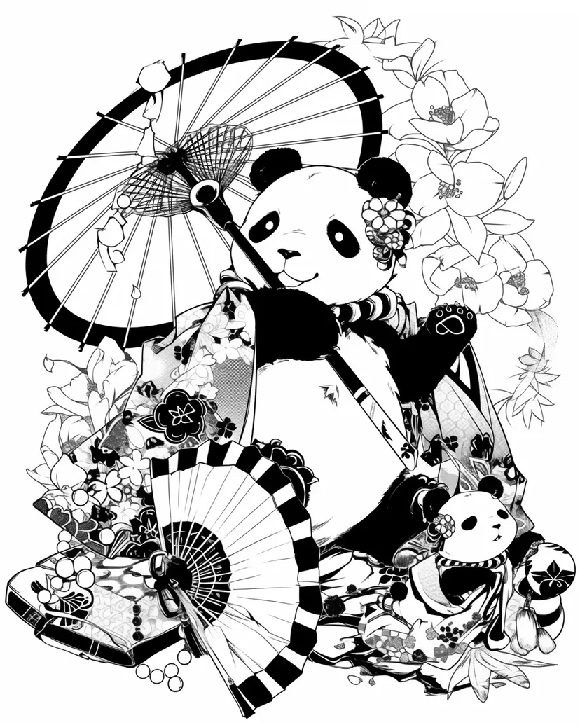 和風パンダと傘の塗り絵