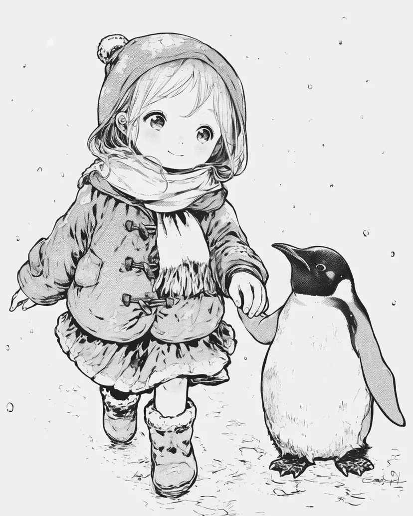 少女とペンギンの冬の散歩の塗り絵