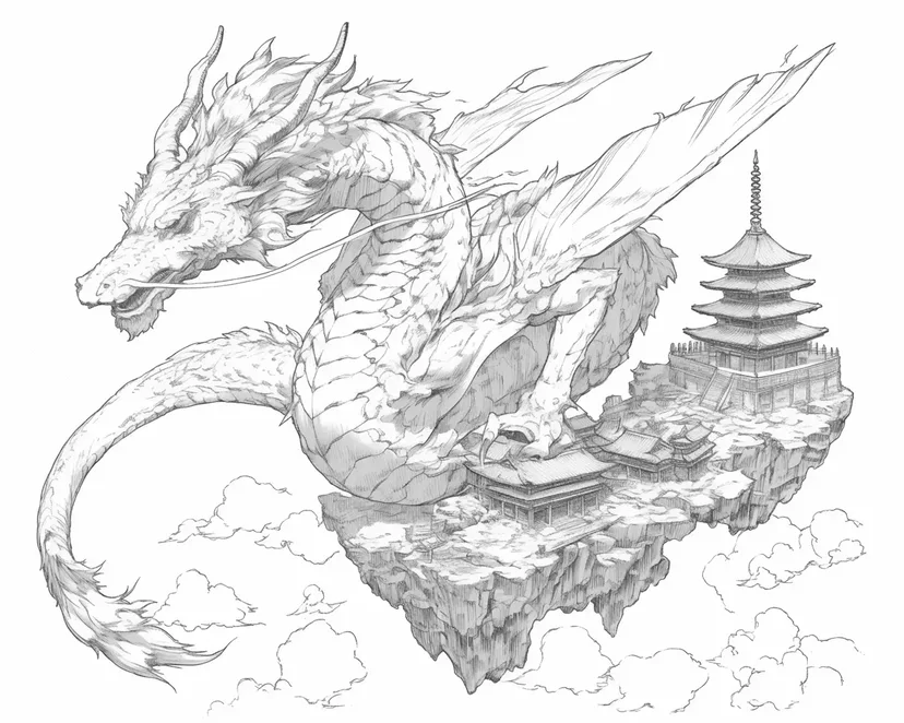 Gambar mewarnai Naga Langit dan Kuil Terapung