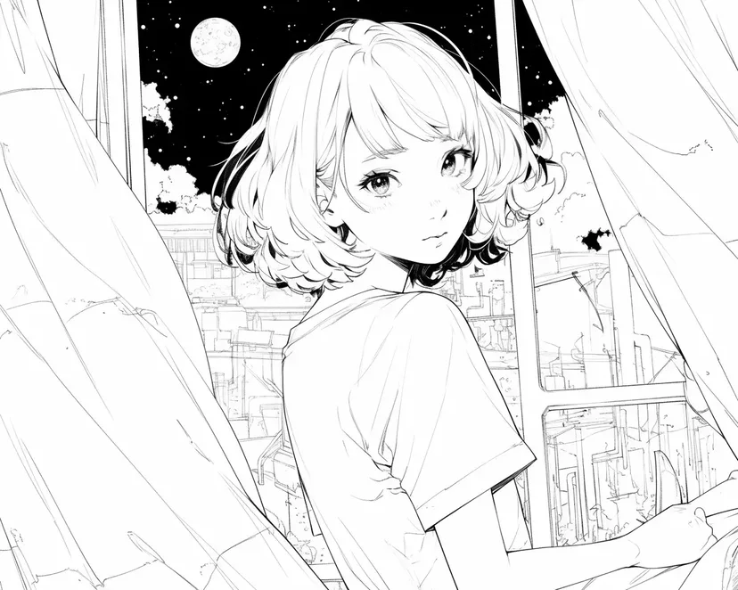 Desenho de Garota na Noite de Luar para colorir