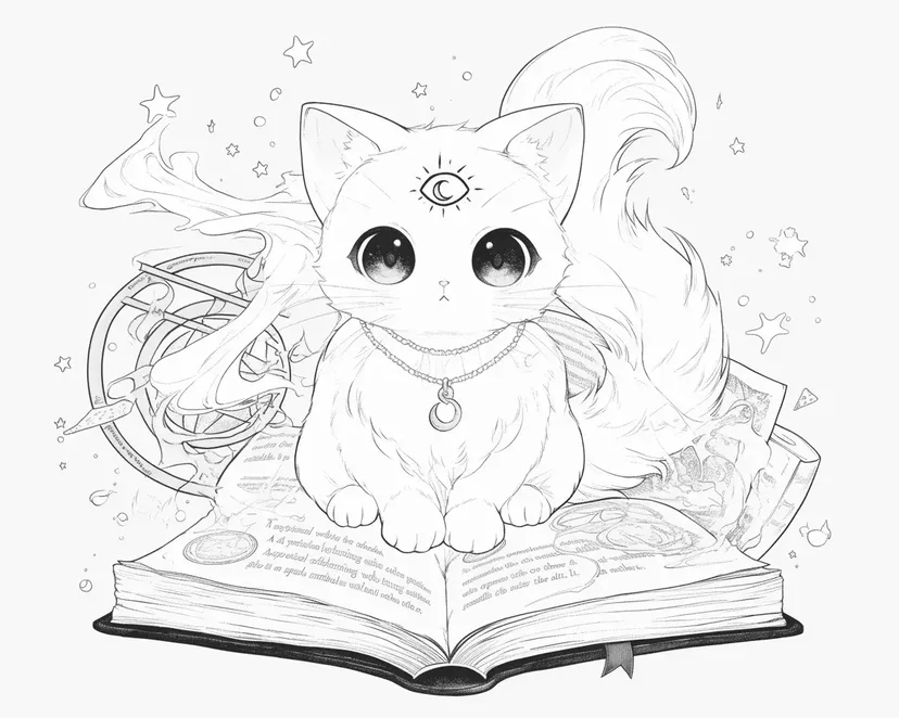 Dibujo de Gato Mágico y Libro Antiguo para colorear