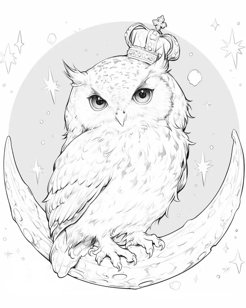Crowned Owl on the Moon coloring page