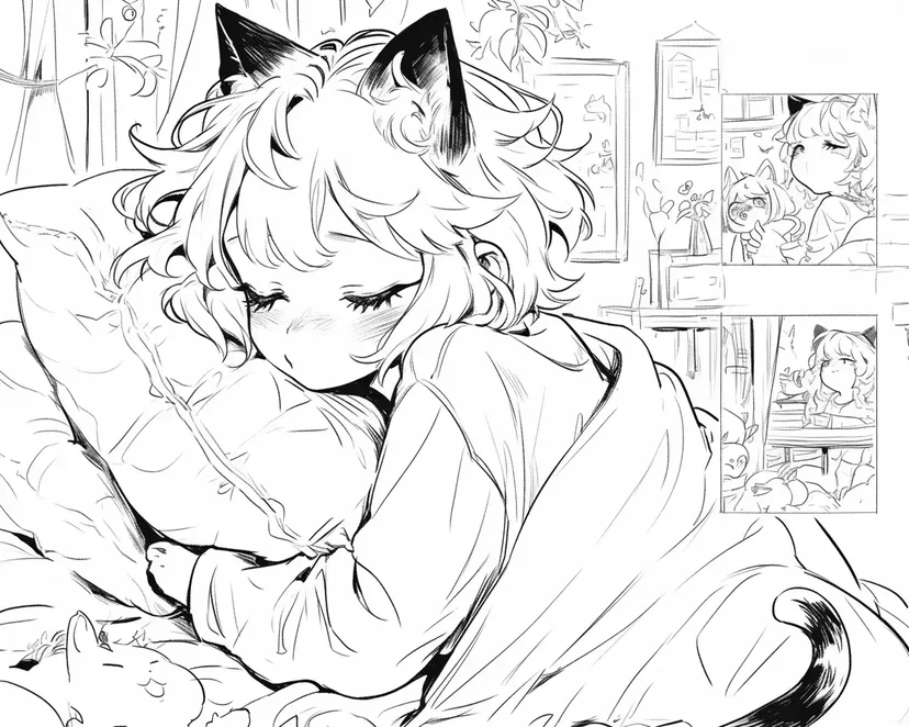 Sleeping Cat-Eared Girl coloring page
