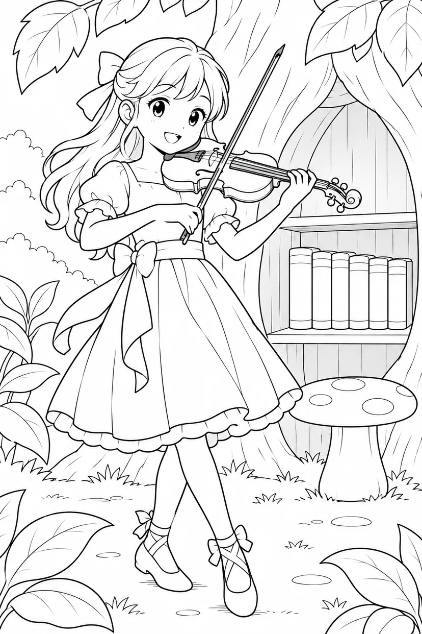 バイオリンを弾くアイドル — 森の図書館の塗り絵