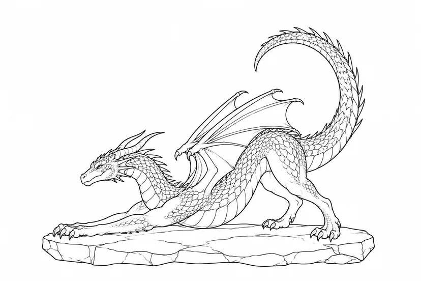 岩場で伸びをする竜の塗り絵