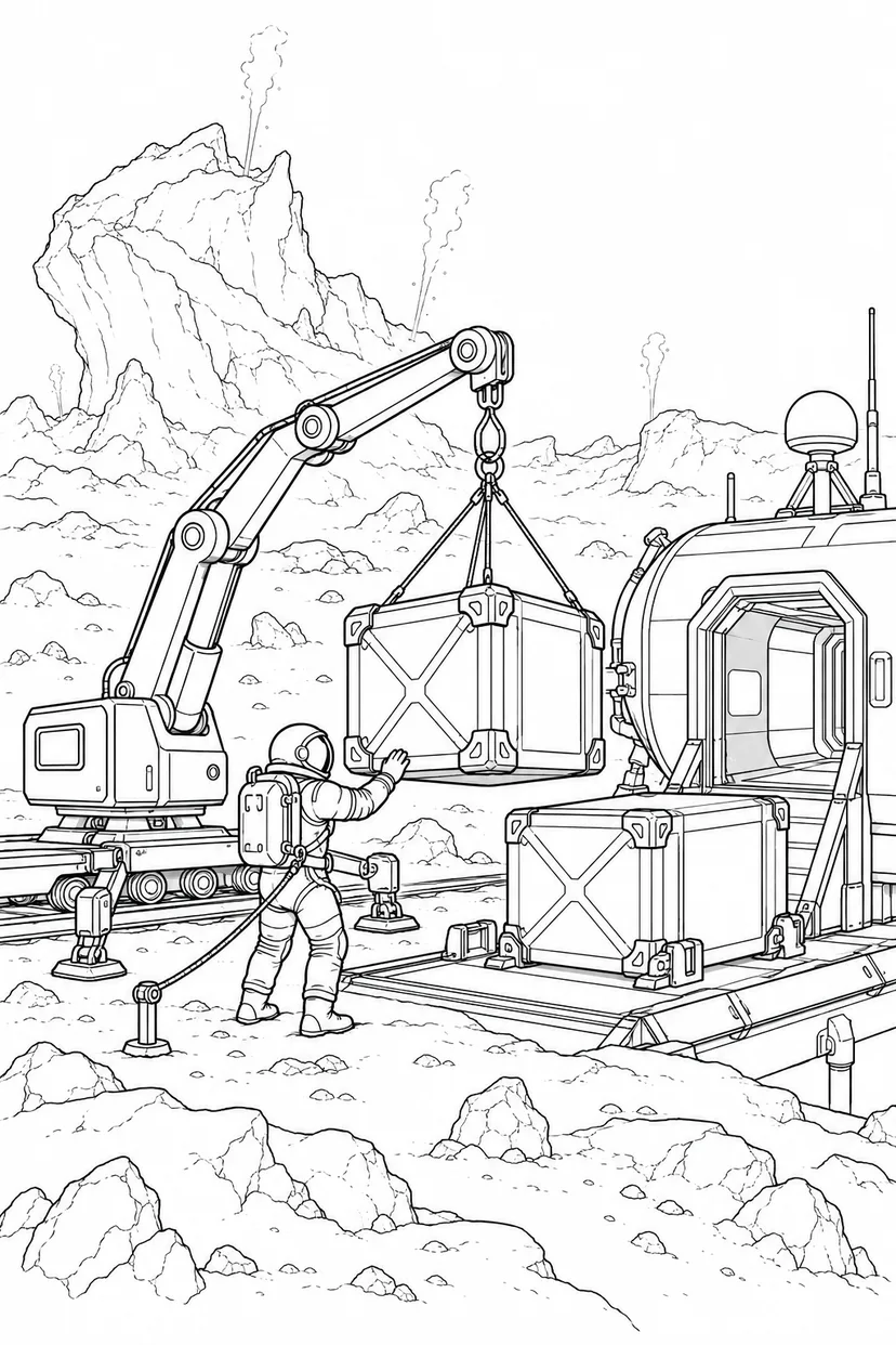 彗星の観測基地：コンテナを運ぶクレーンの塗り絵