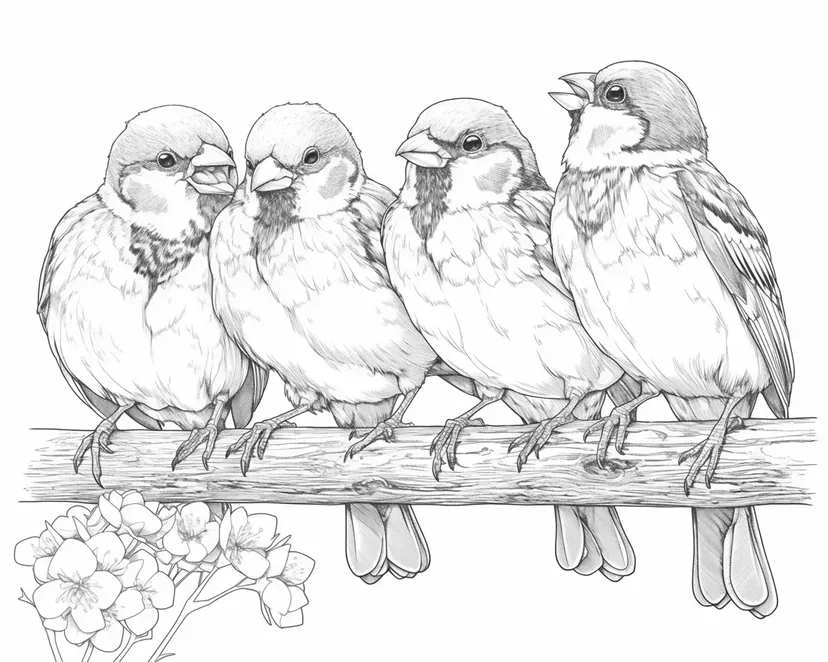 スズメたちのひとときの塗り絵