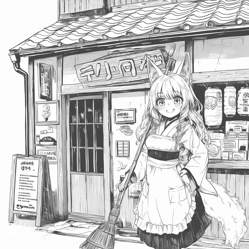 Dibujo de Chica con Orejas de Zorro y la Tienda Antigua para colorear