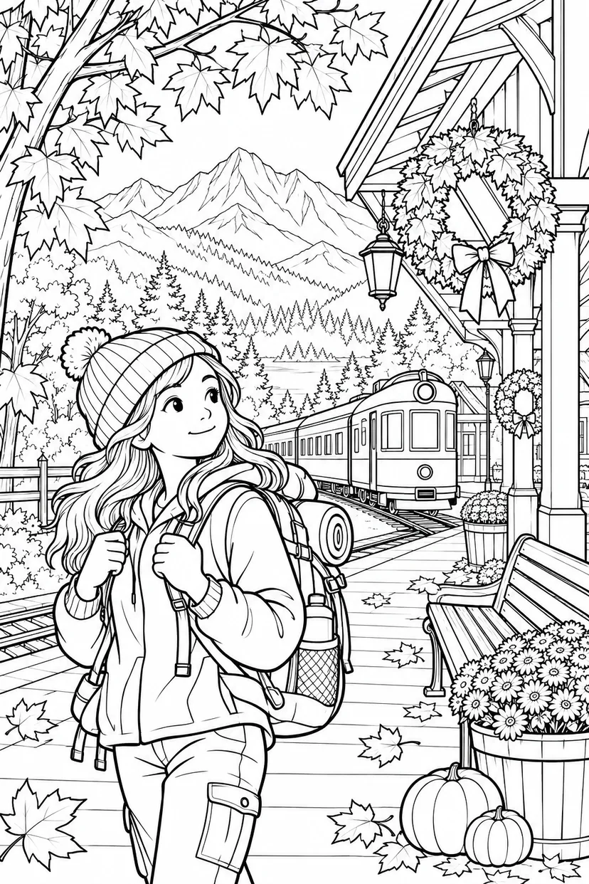 秋の小さな駅の旅じたくの塗り絵