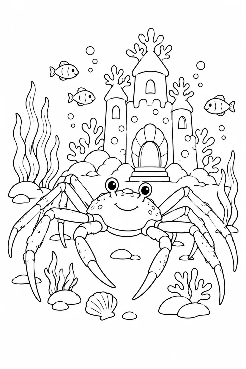 タカアシガニとサンゴのお城の塗り絵