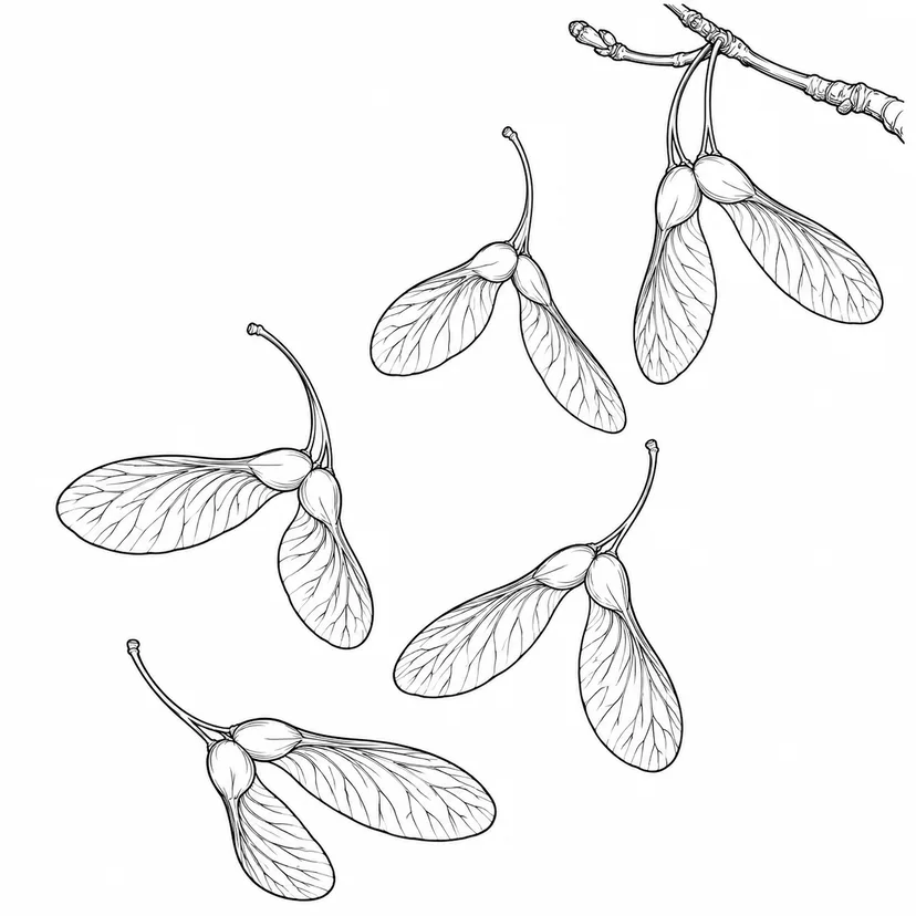 風に飛ぶカエデの種の塗り絵