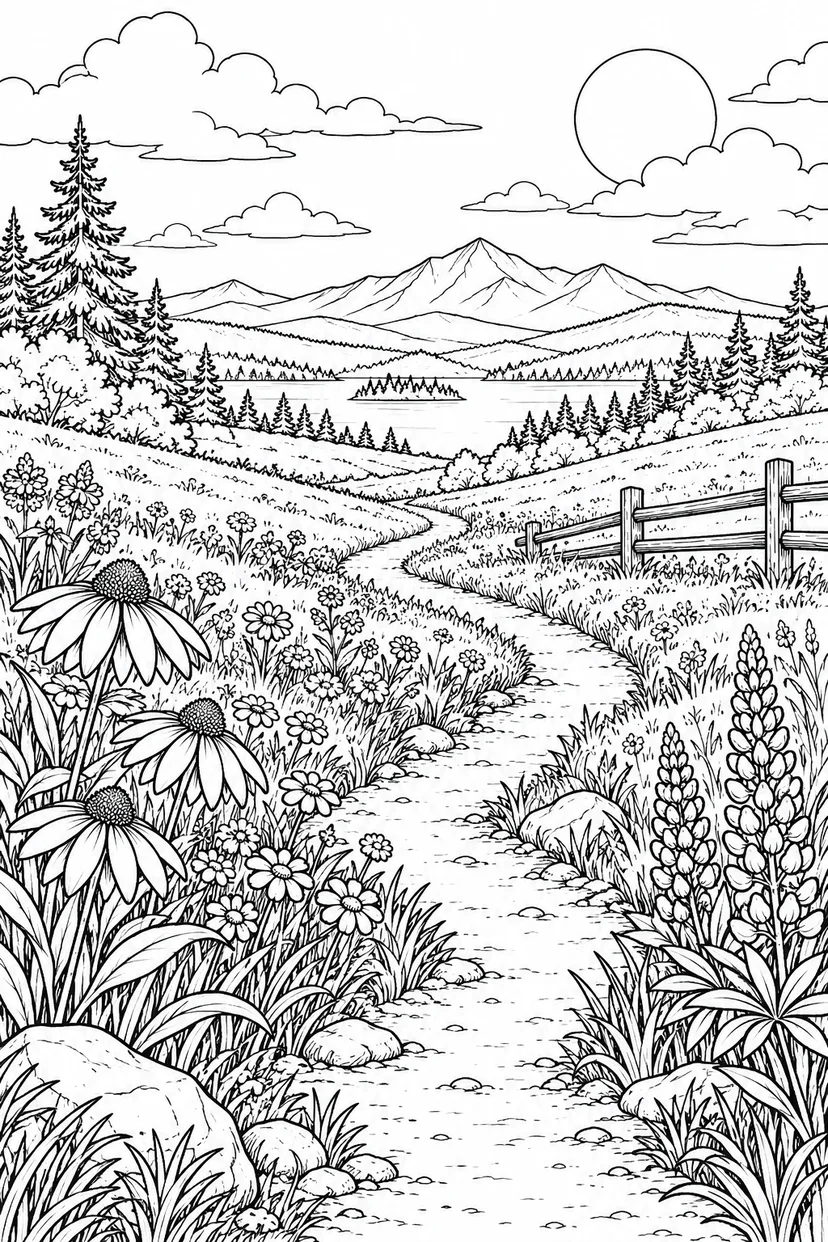 自然のひとこま：野の花が並ぶ草原の道の塗り絵