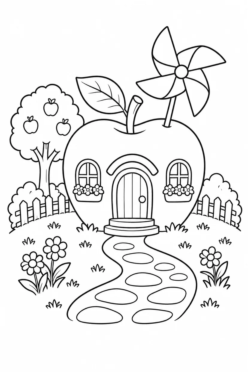りんごのおうちの屋根の風車の塗り絵