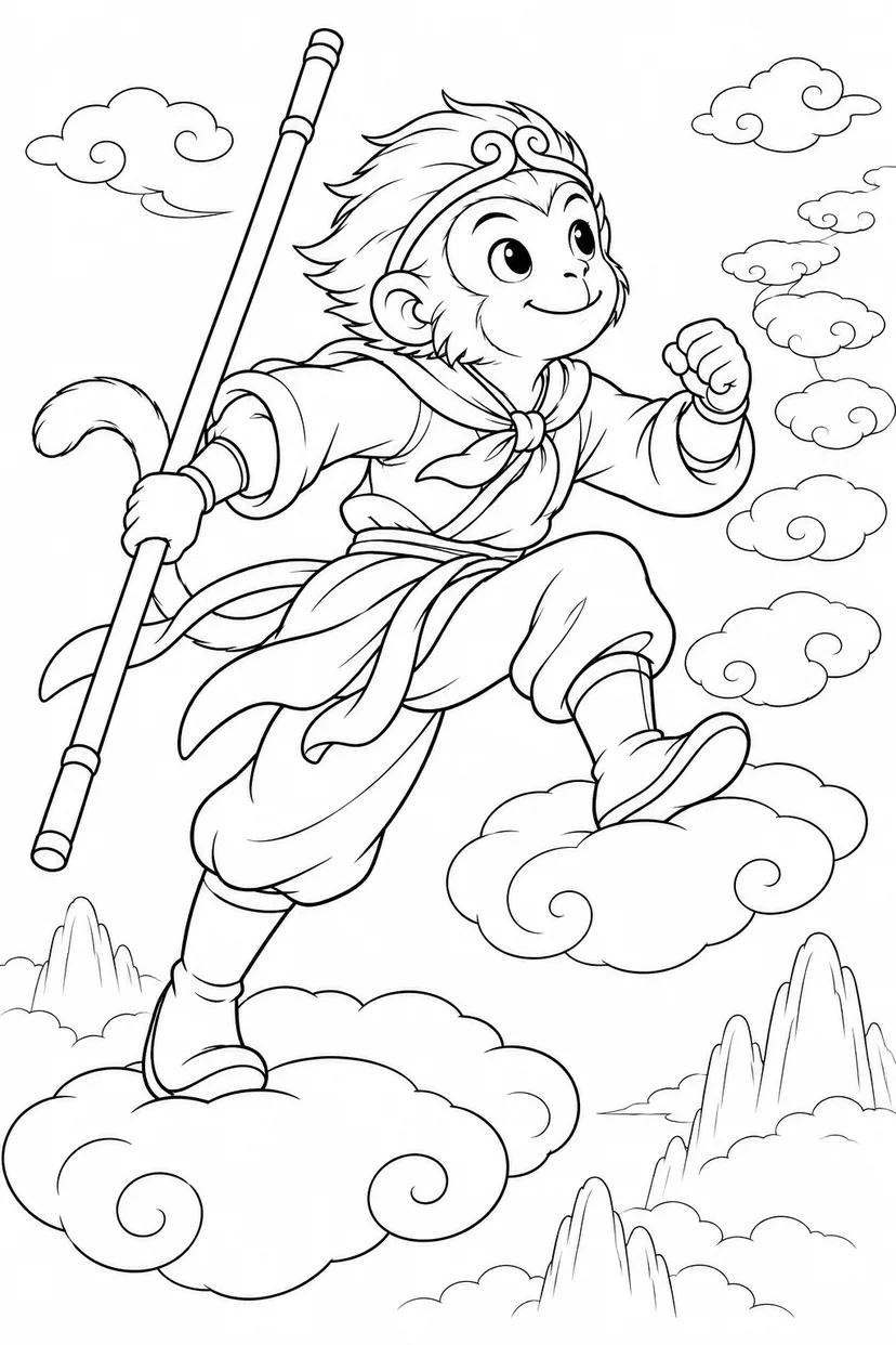 ほっこり西遊記：悟空と雲の階段の塗り絵