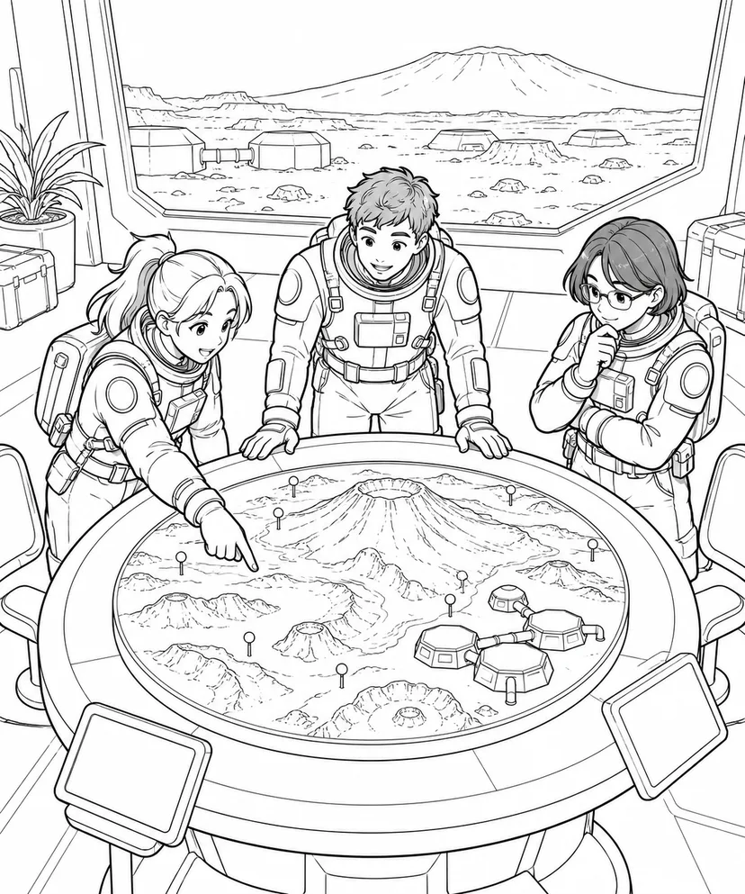 火星の火山平原基地：地形模型と作戦会議の塗り絵