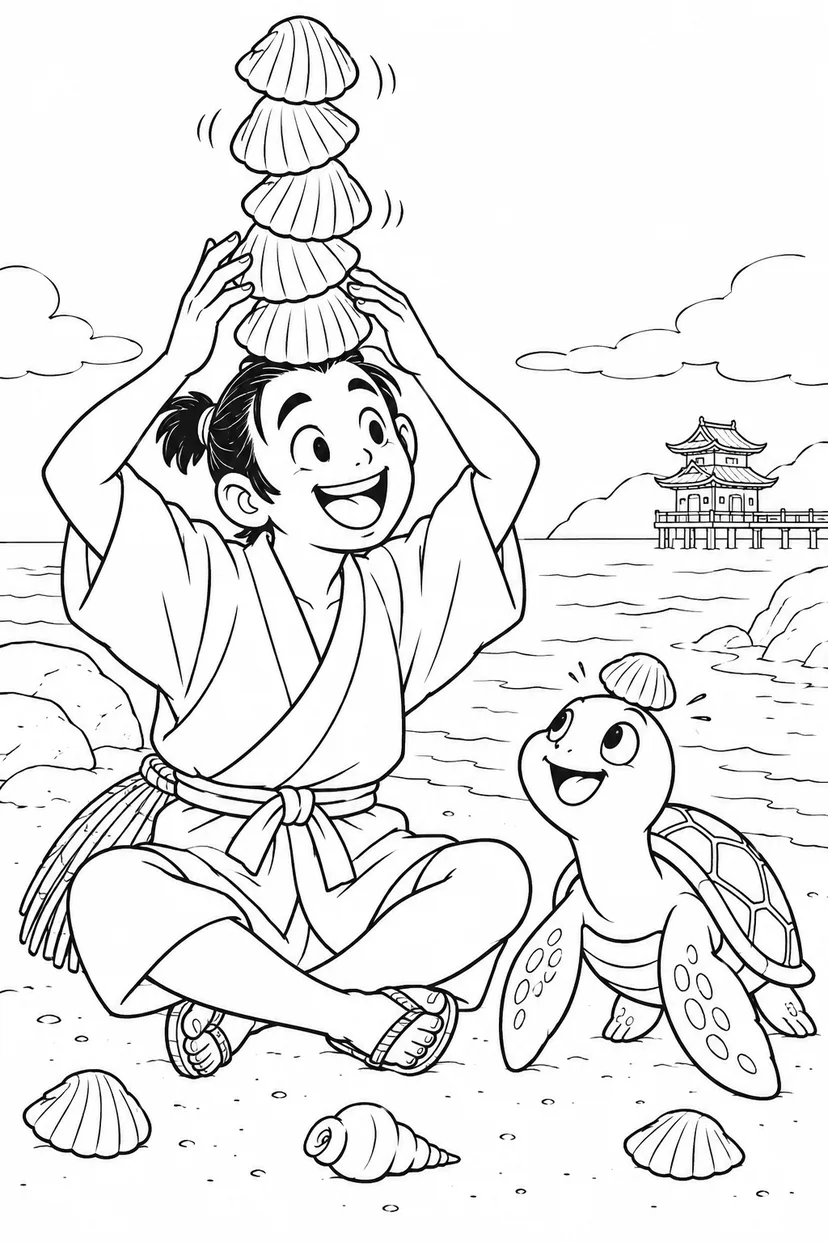 浦島太郎：貝殻五段のぐらぐら帽子（ギャグ）の塗り絵