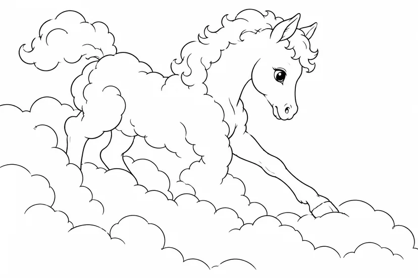 雲から生まれる子馬の塗り絵