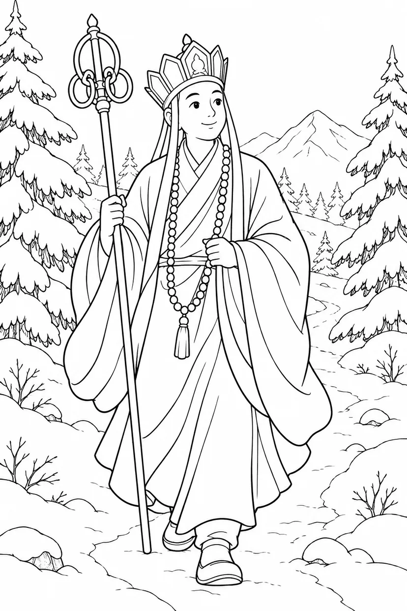 ほっこり西遊記：三蔵と雪の道の塗り絵