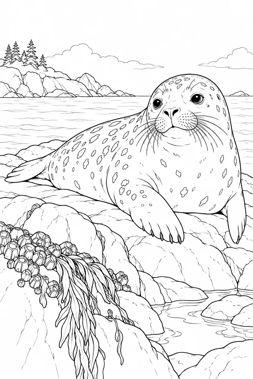 観察スケッチ：アザラシと海辺の岩の塗り絵