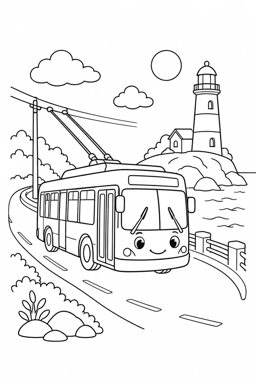 トロリーバスと海沿いの道の塗り絵