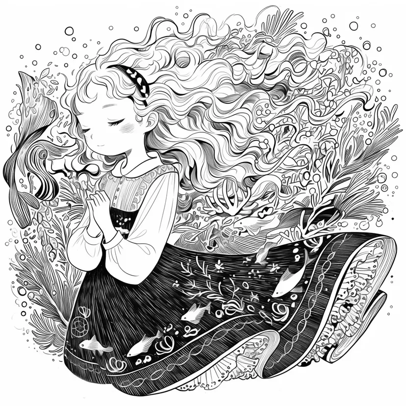 Dibujo de Niña Soñadora y Fantasía del Océano para colorear