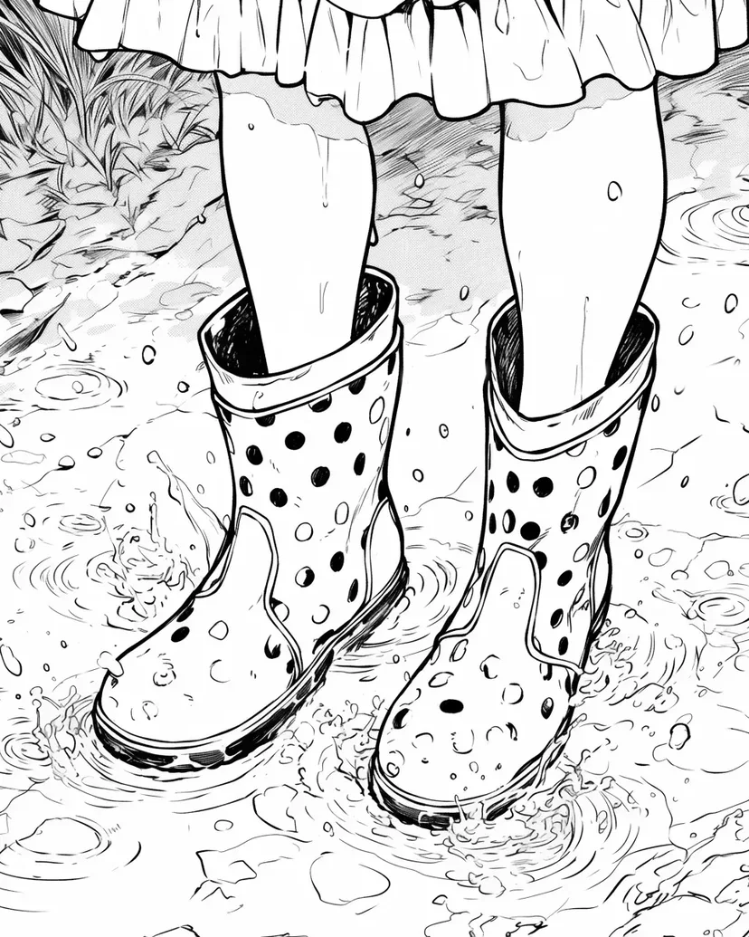 水たまりで遊ぶ長靴の塗り絵