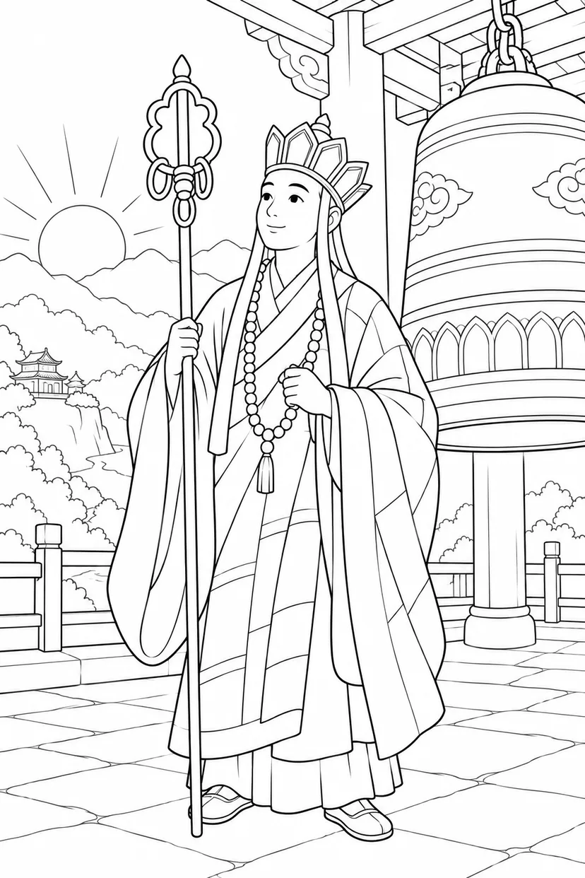 ほっこり西遊記：三蔵と朝の鐘の塗り絵